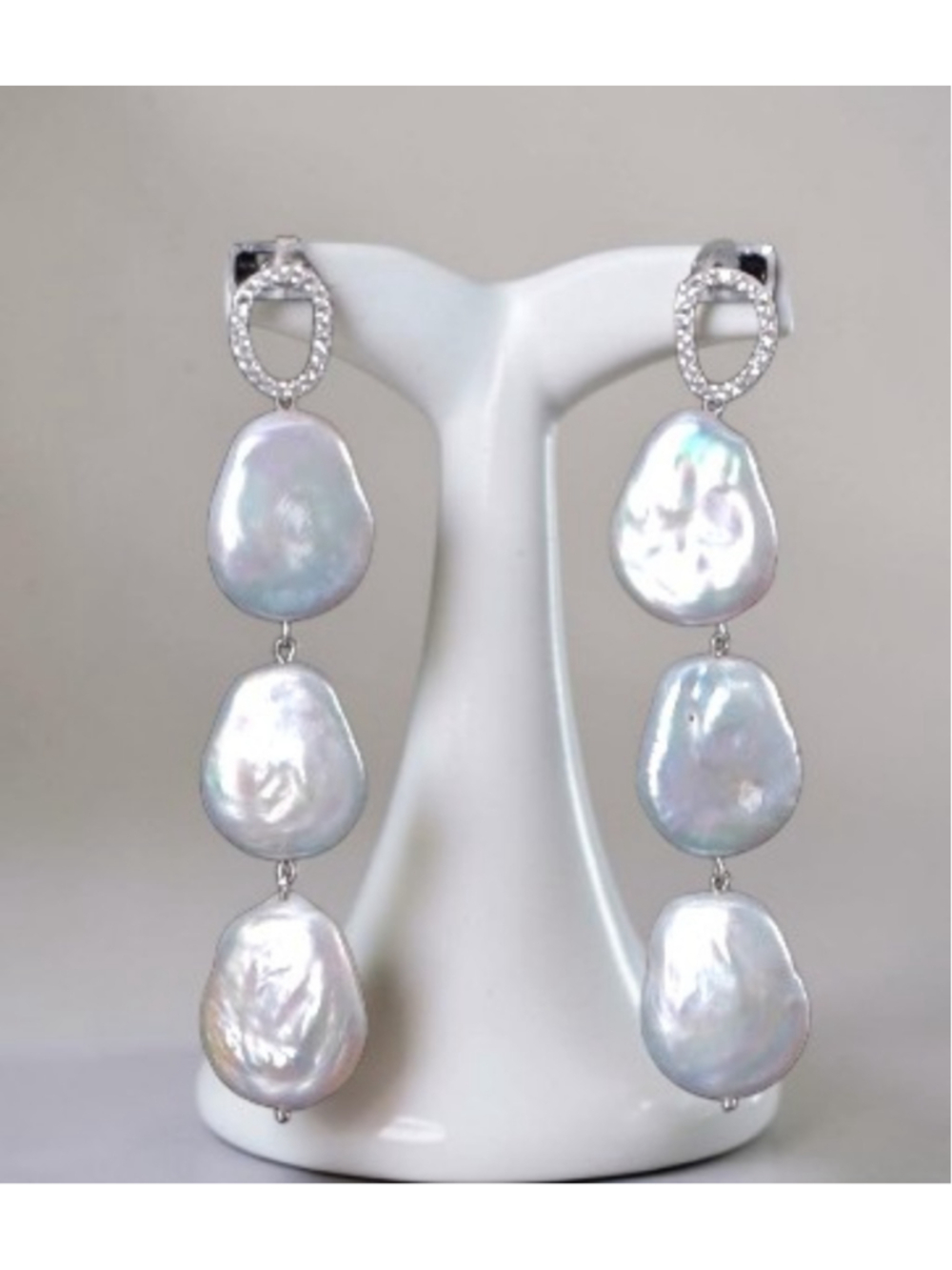Sterling Silver 3-Tier Linear 16-17MM White Kashi Pearl & White Zircon Earrings